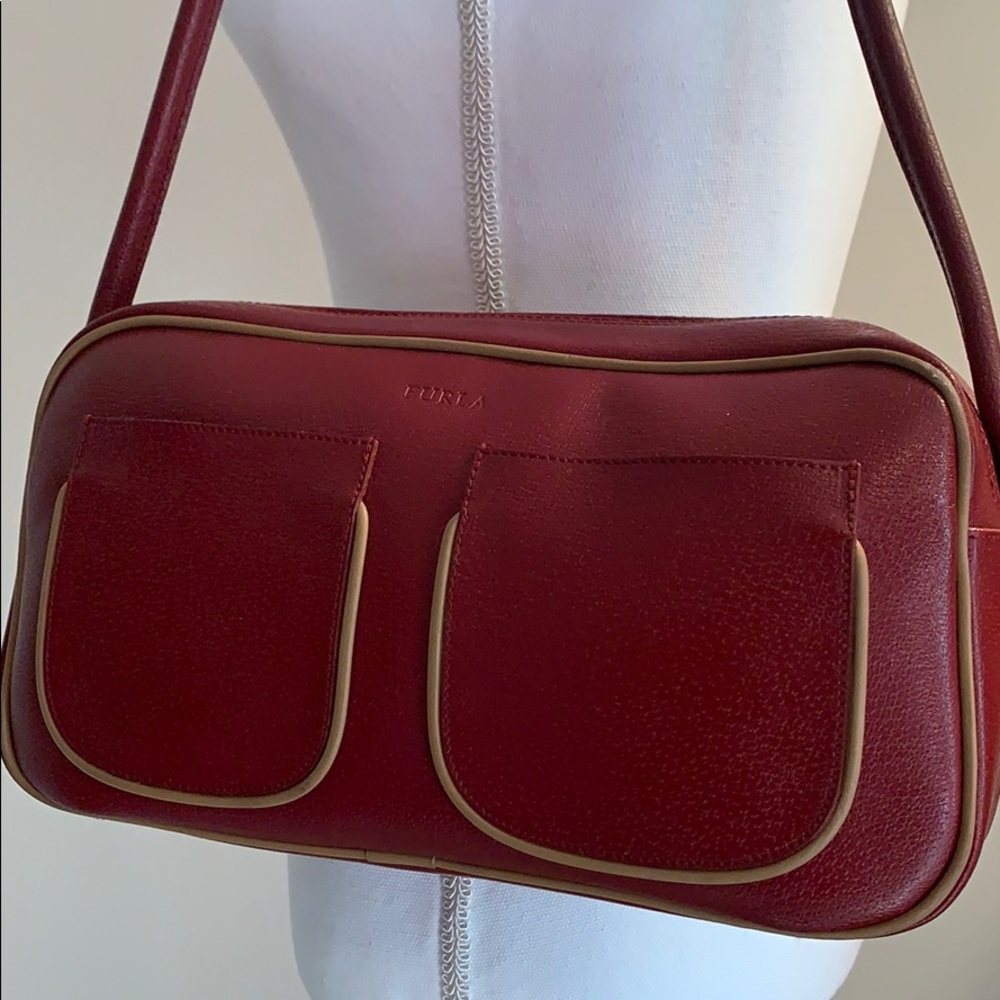 Furla Deep Red Leather Satchel w/Taupe Trim